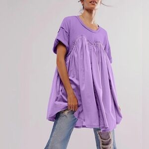 Light Purple Babydoll Mini Dress with Pockets Pleated A-Line Tunic Large